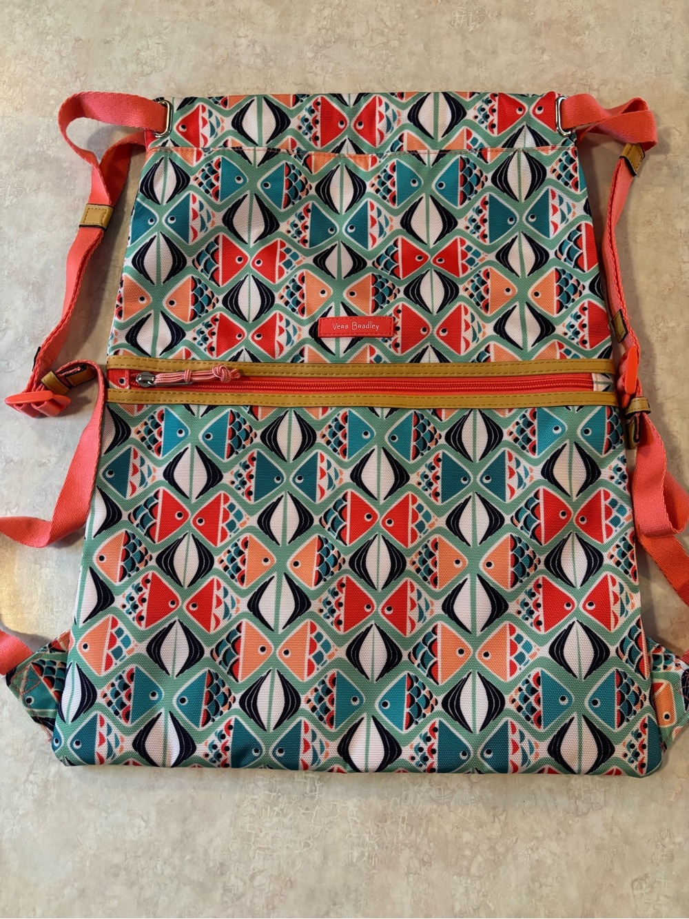 Vera Bradley Coral, Teal & Navy Fish pattern backpack.